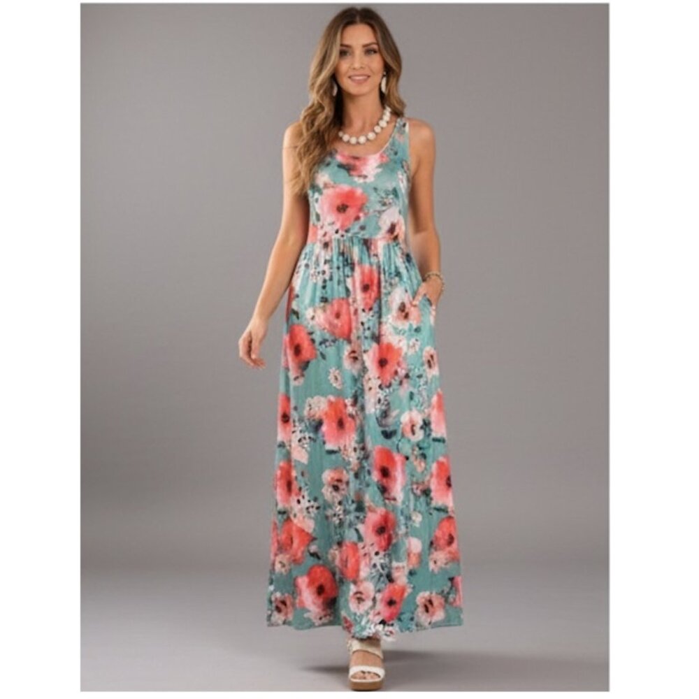 Blue Boho Floral Print Hidden Pocket Dress - Picture 2 of 8